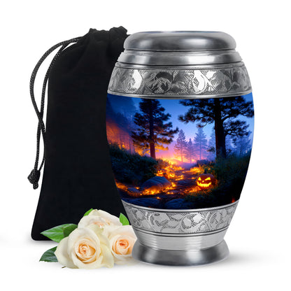 Slate Blue Halloween Cremation Urn back view with polished surface - regal halloween design with crown-inspired accents - full-size 10 inch 200 cubic inch adult cremation urn