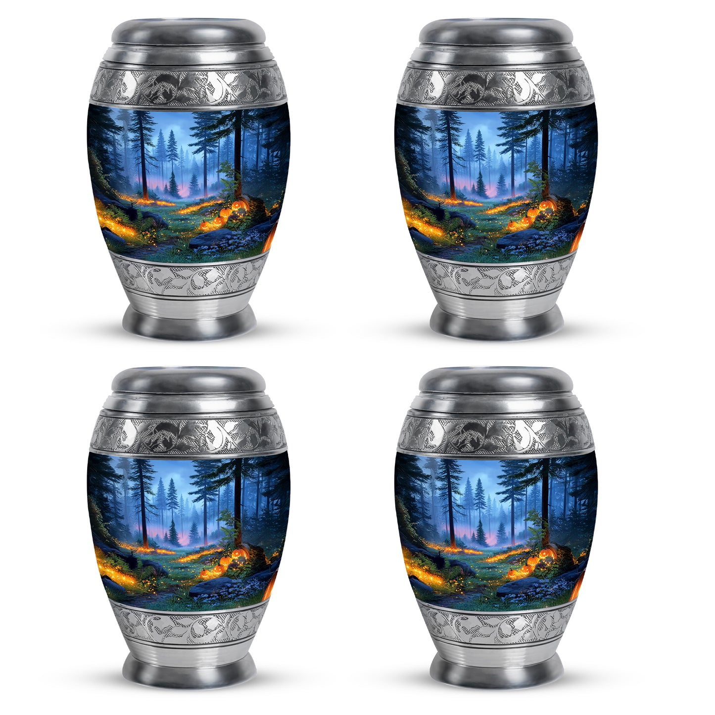 Pastel Blue Halloween Cremation Urn urn with complimentary velvet bag - ornate monarch-style halloween relief on brushed aluminum - 10 inch aluminum urn for cremated remains
