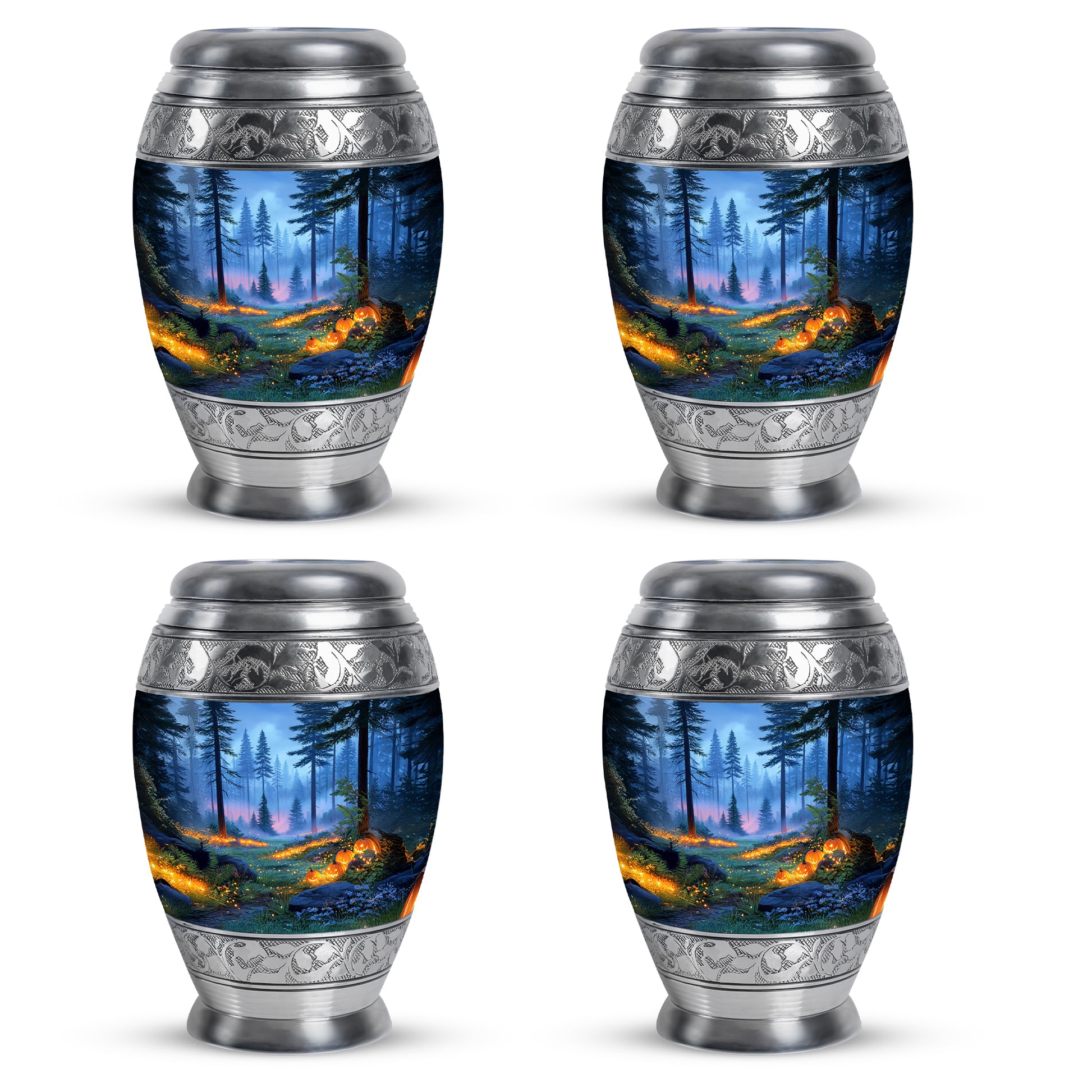 Pastel Blue Halloween Cremation Urn urn with complimentary velvet bag - ornate monarch-style halloween relief on brushed aluminum - 10 inch aluminum urn for cremated remains