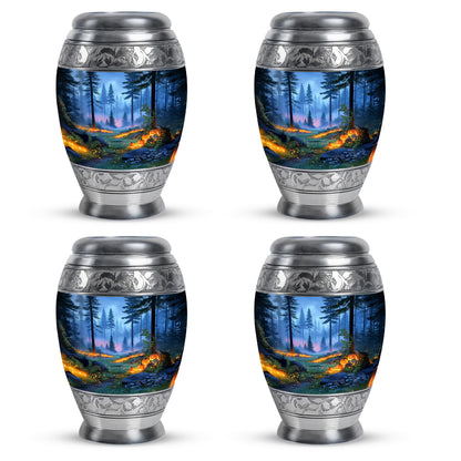 Pastel Blue Halloween Cremation Urn urn with complimentary velvet bag - ornate monarch-style halloween relief on brushed aluminum - 10 inch aluminum urn for cremated remains