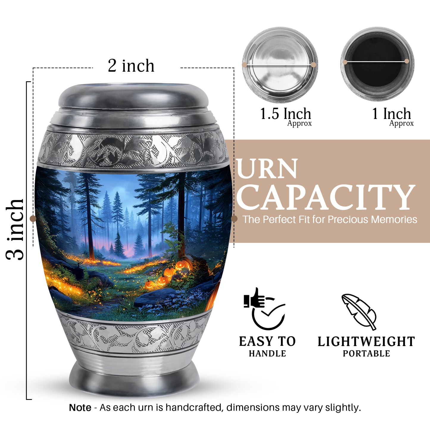 Twilight Blue Halloween Cremation Urn lifestyle display on memorial shelf - royal halloween engraving with decorative scrollwork - mini keepsake memorial for portion of cremation ashes