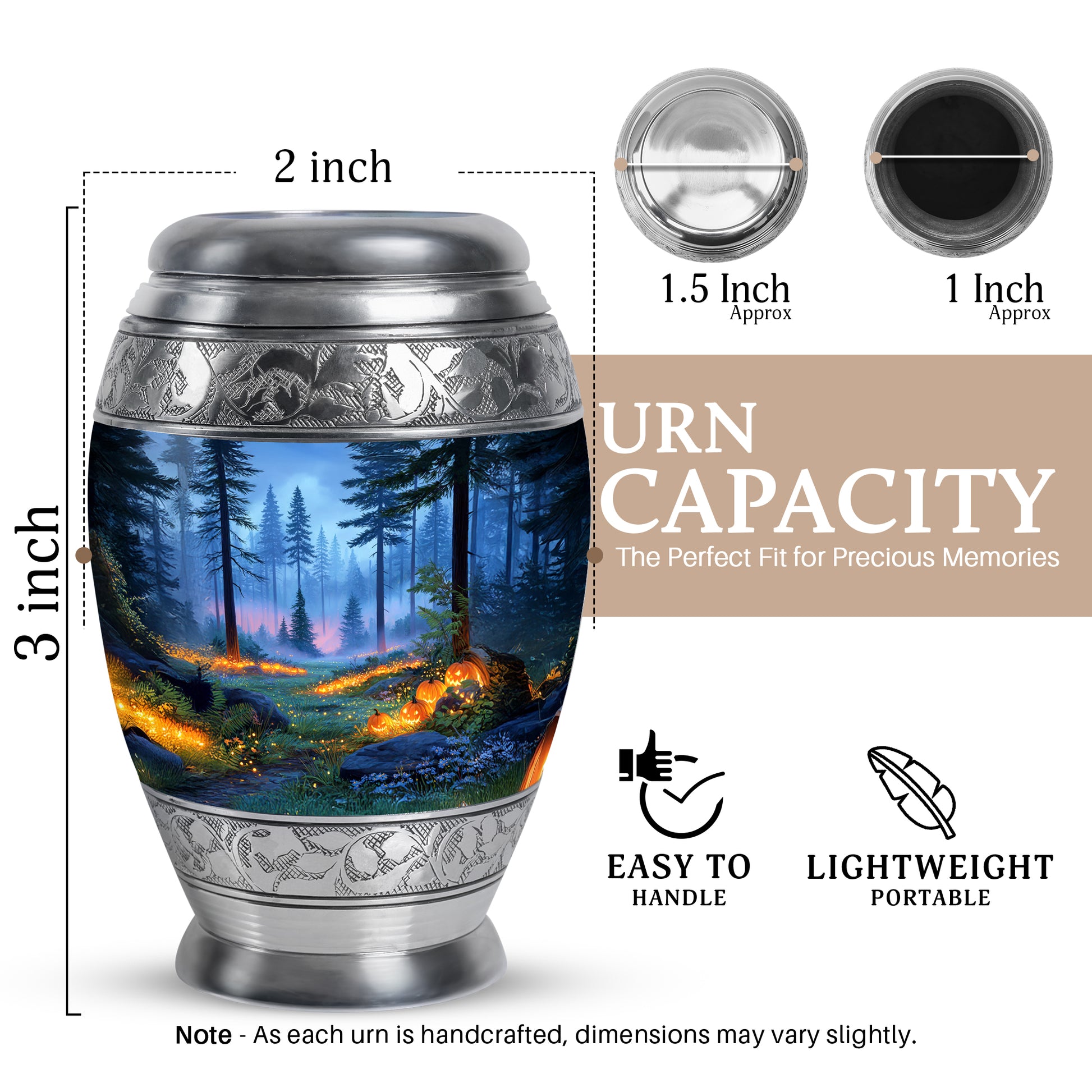 Twilight Blue Halloween Cremation Urn lifestyle display on memorial shelf - royal halloween engraving with decorative scrollwork - mini keepsake memorial for portion of cremation ashes