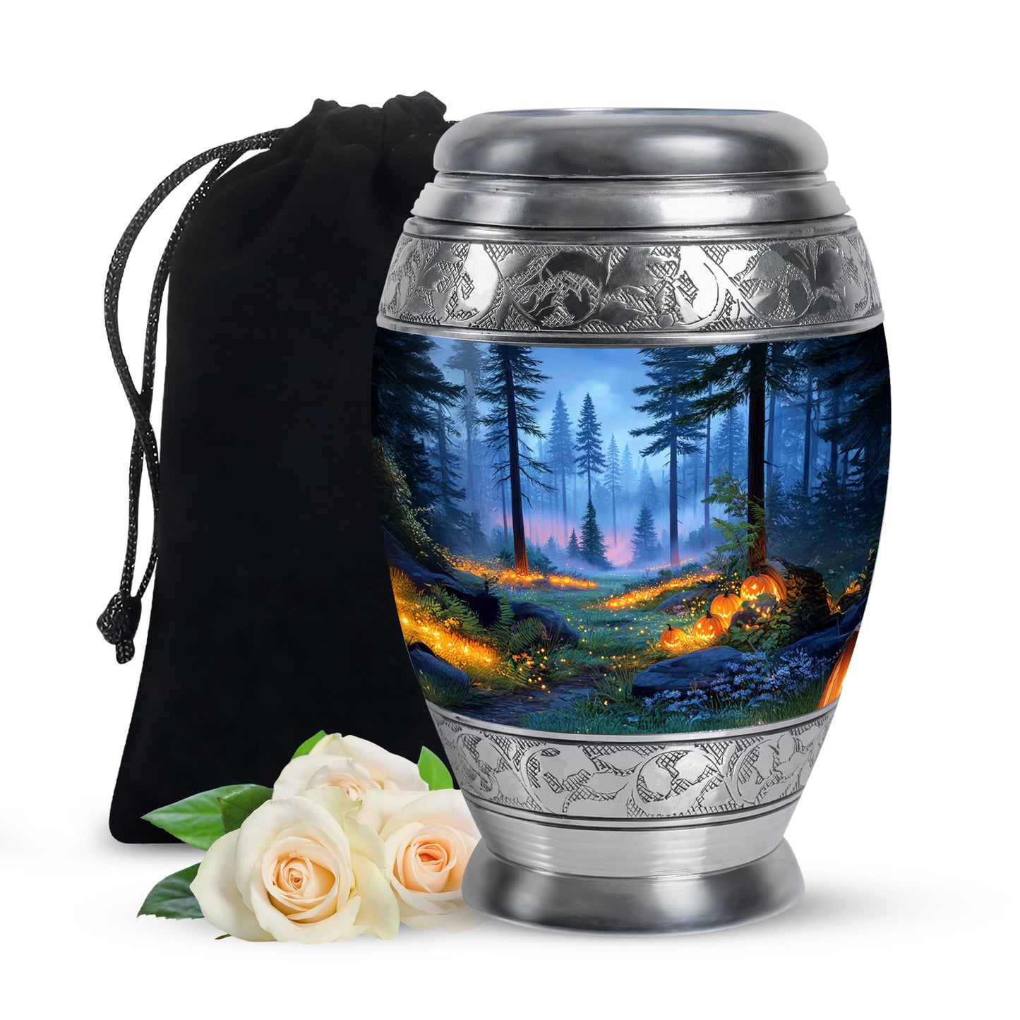 Royal Blue Halloween Cremation Urn back view with polished surface - majestic halloween pattern with filigree border - full-size 10 inch 200 cubic inch adult cremation urn