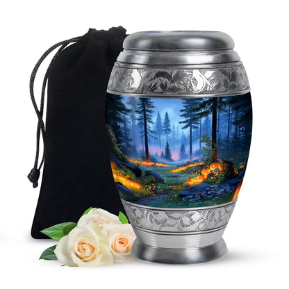 Royal Blue Halloween Cremation Urn back view with polished surface - majestic halloween pattern with filigree border - full-size 10 inch 200 cubic inch adult cremation urn