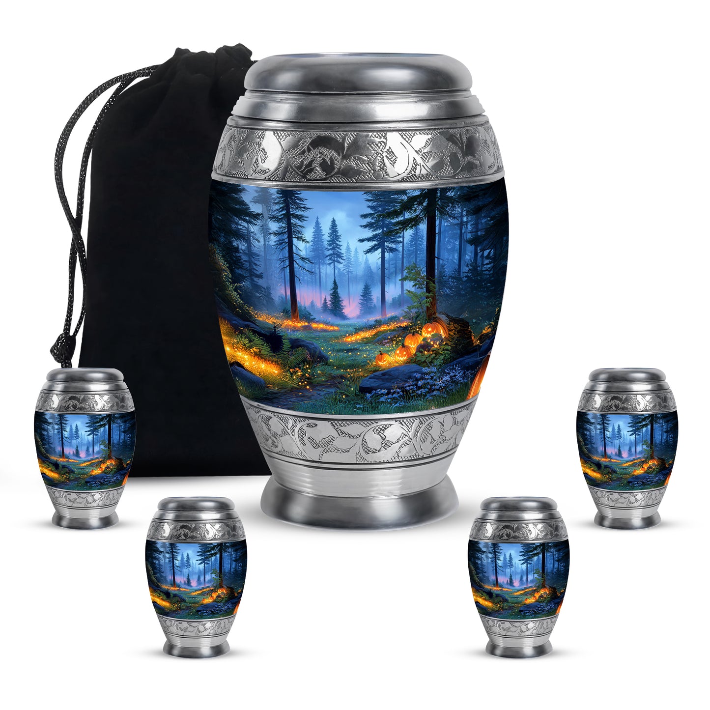 Twilight Blue Halloween Cremation Urn detail view - royal halloween engraving with decorative scrollwork - memorial set with one large and four small urns