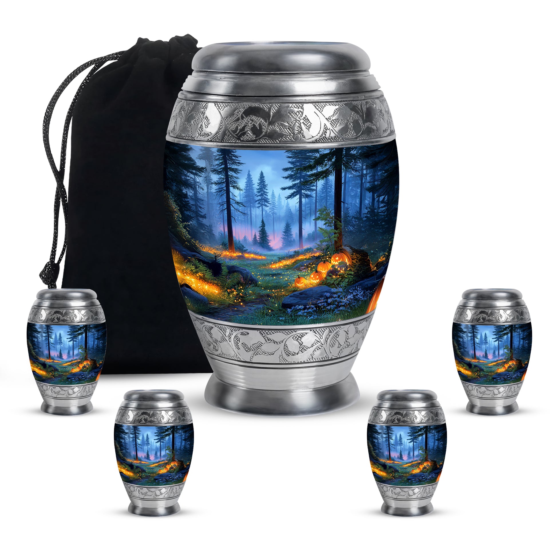 Twilight Blue Halloween Cremation Urn detail view - royal halloween engraving with decorative scrollwork - memorial set with one large and four small urns