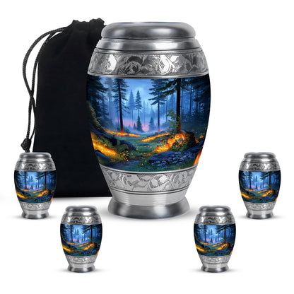 Twilight Blue Halloween Cremation Urn detail view - royal halloween engraving with decorative scrollwork - memorial set with one large and four small urns