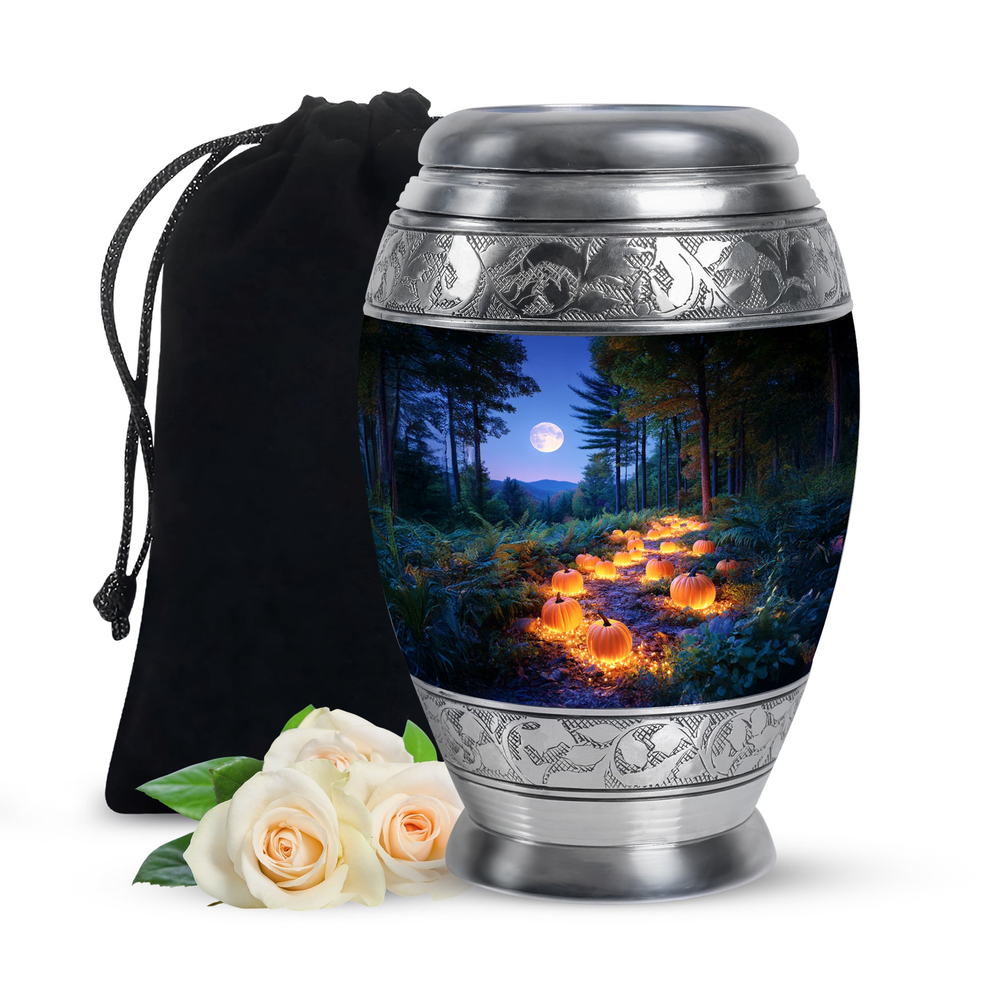 Misty Blue Halloween Cremation Urn back view with polished surface - ornate monarch-style halloween relief on brushed aluminum - full-size 10 inch 200 cubic inch adult cremation urn