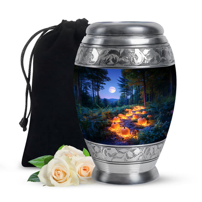 Misty Blue Halloween Cremation Urn back view with polished surface - ornate monarch-style halloween relief on brushed aluminum - full-size 10 inch 200 cubic inch adult cremation urn