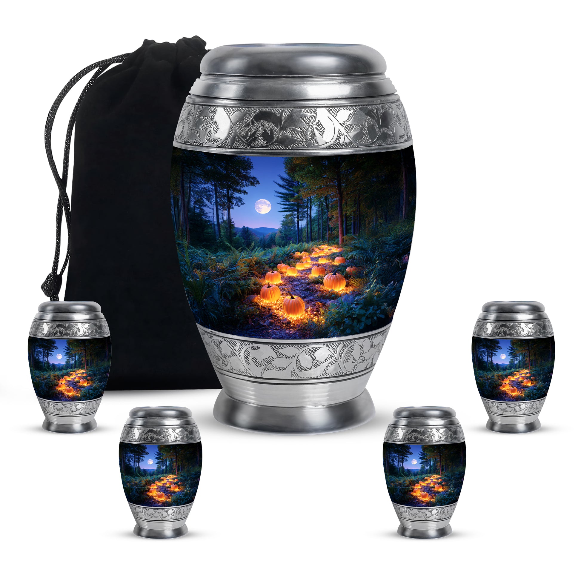 Indigo Halloween Cremation Urn detail view - ornate monarch-style halloween relief on brushed aluminum - memorial set with one large and four small urns