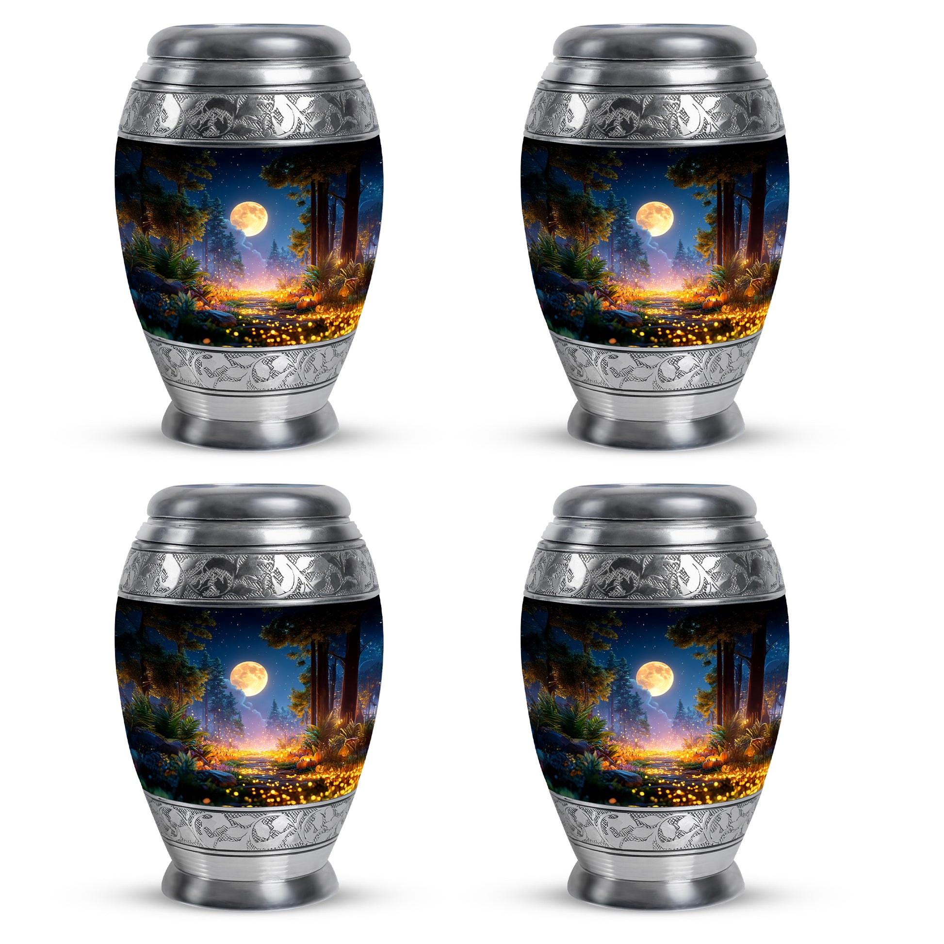 Rich Black Halloween Cremation Urn urn with complimentary velvet bag - ornate monarch-style halloween relief on brushed aluminum - 10 inch aluminum urn for cremated remains