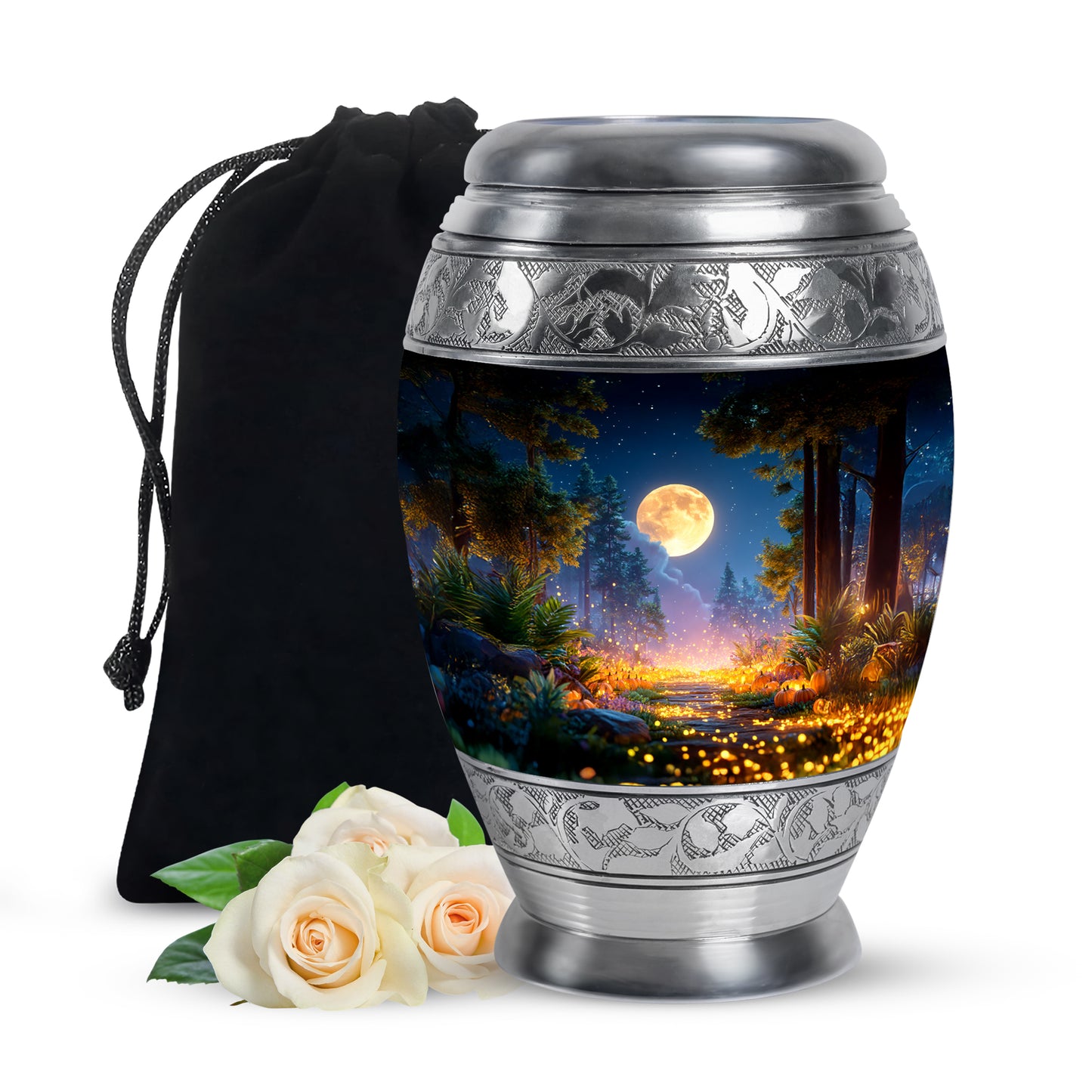 Charcoal Black Halloween Cremation Urn back view with polished surface - majestic halloween pattern with filigree border - full-size 10 inch 200 cubic inch adult cremation urn
