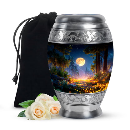 Charcoal Black Halloween Cremation Urn back view with polished surface - majestic halloween pattern with filigree border - full-size 10 inch 200 cubic inch adult cremation urn