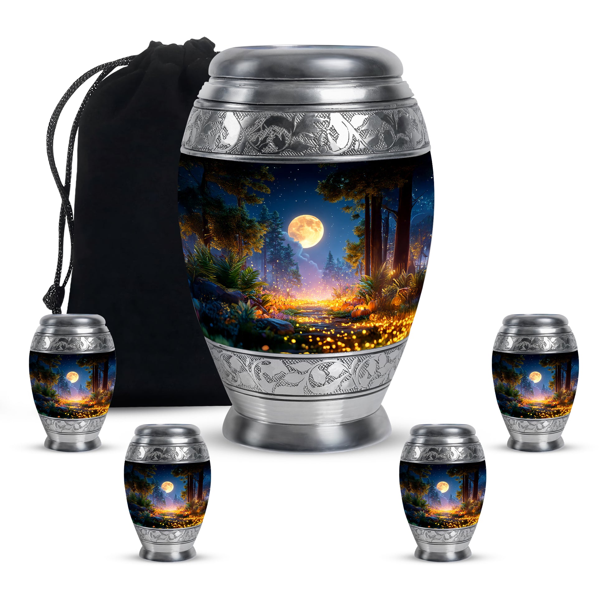 Obsidian Black Halloween Cremation Urn detail view - royal halloween engraving with decorative scrollwork - memorial set with one large and four small urns