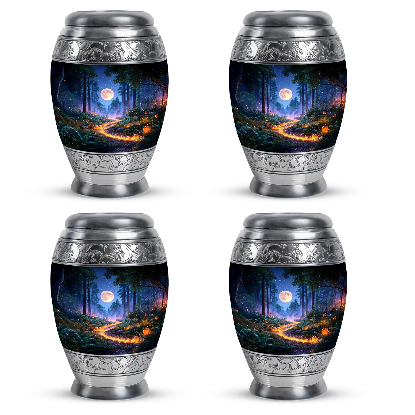 Sapphire Blue Halloween Cremation Urn urn with complimentary velvet bag - majestic halloween pattern with filigree border - 10 inch aluminum urn for cremated remains