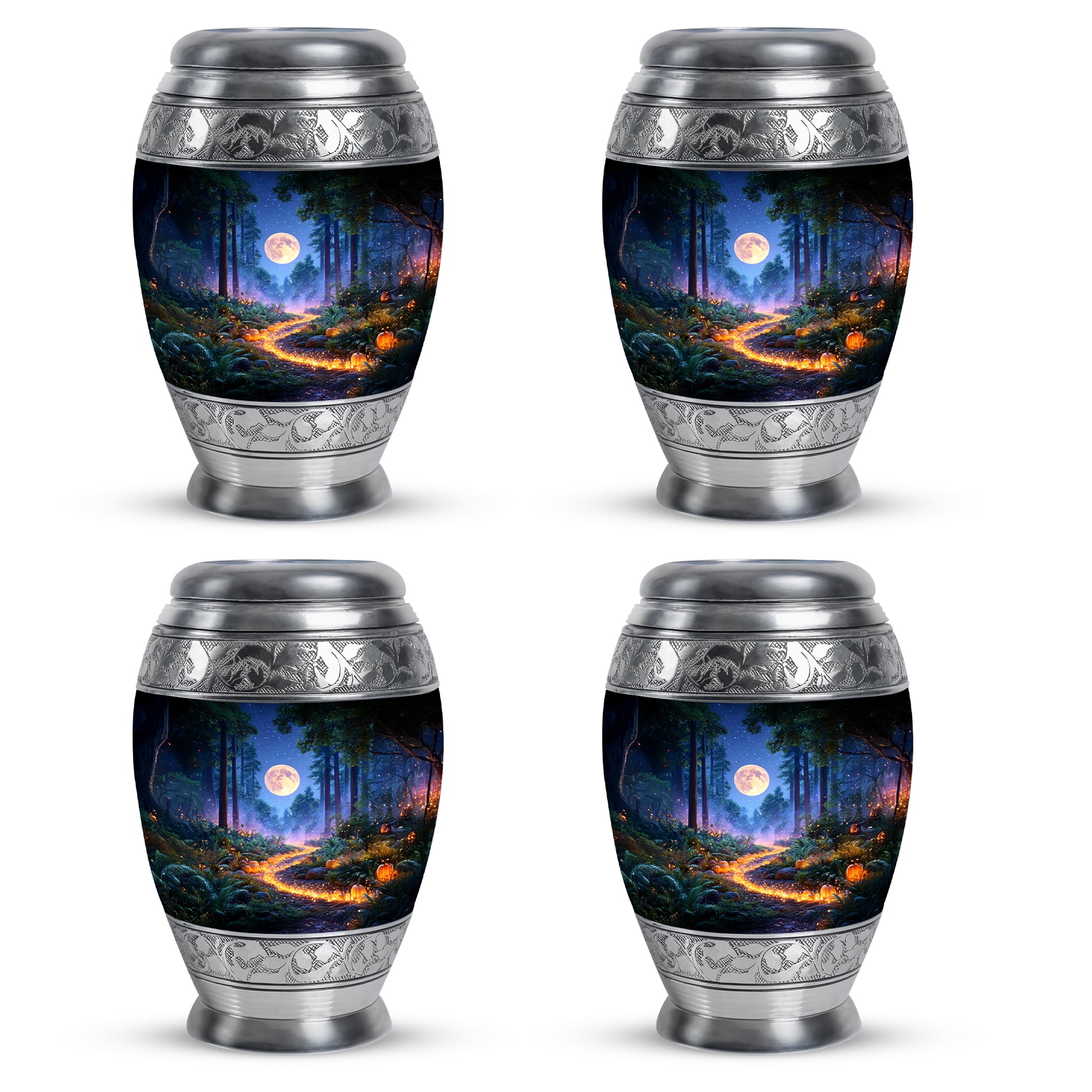 Sapphire Blue Halloween Cremation Urn urn with complimentary velvet bag - majestic halloween pattern with filigree border - 10 inch aluminum urn for cremated remains
