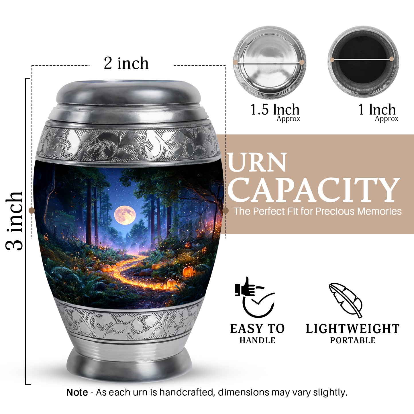 Serene Blue Halloween Cremation Urn lifestyle display on memorial shelf - majestic halloween pattern with filigree border - mini keepsake memorial for portion of cremation ashes
