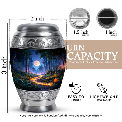 Serene Blue Halloween Cremation Urn lifestyle display on memorial shelf - majestic halloween pattern with filigree border - mini keepsake memorial for portion of cremation ashes