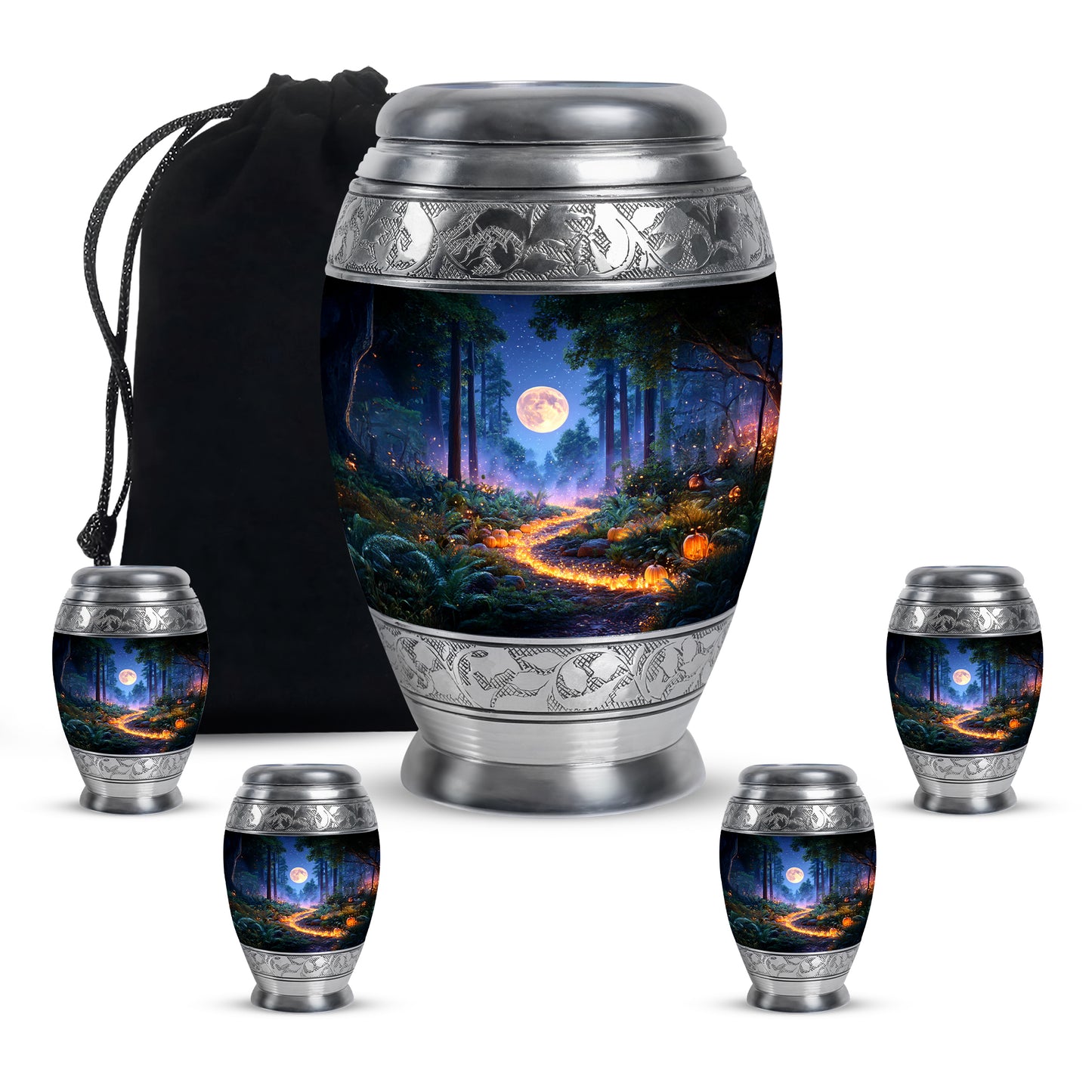 Azure Halloween Cremation Urn detail view - ornate monarch-style halloween relief on brushed aluminum - memorial set with one large and four small urns