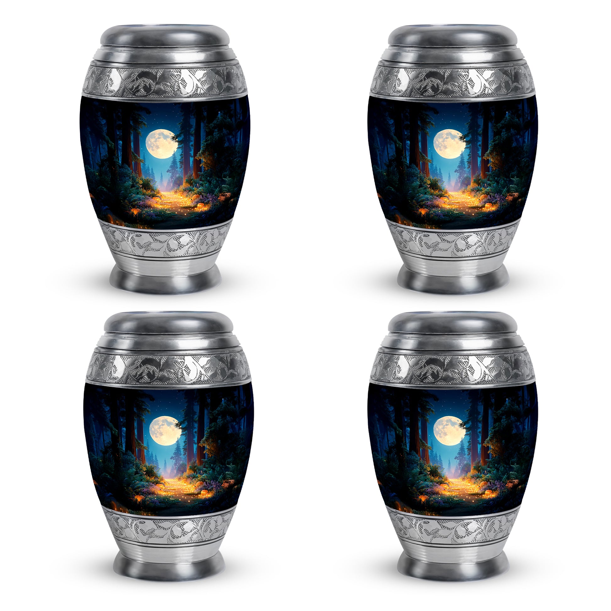 Dusty Blue Halloween Cremation Urn urn with complimentary velvet bag - ornate monarch-style halloween relief on brushed aluminum - 10 inch aluminum urn for cremated remains