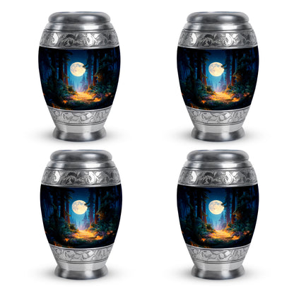 Dusty Blue Halloween Cremation Urn urn with complimentary velvet bag - ornate monarch-style halloween relief on brushed aluminum - 10 inch aluminum urn for cremated remains