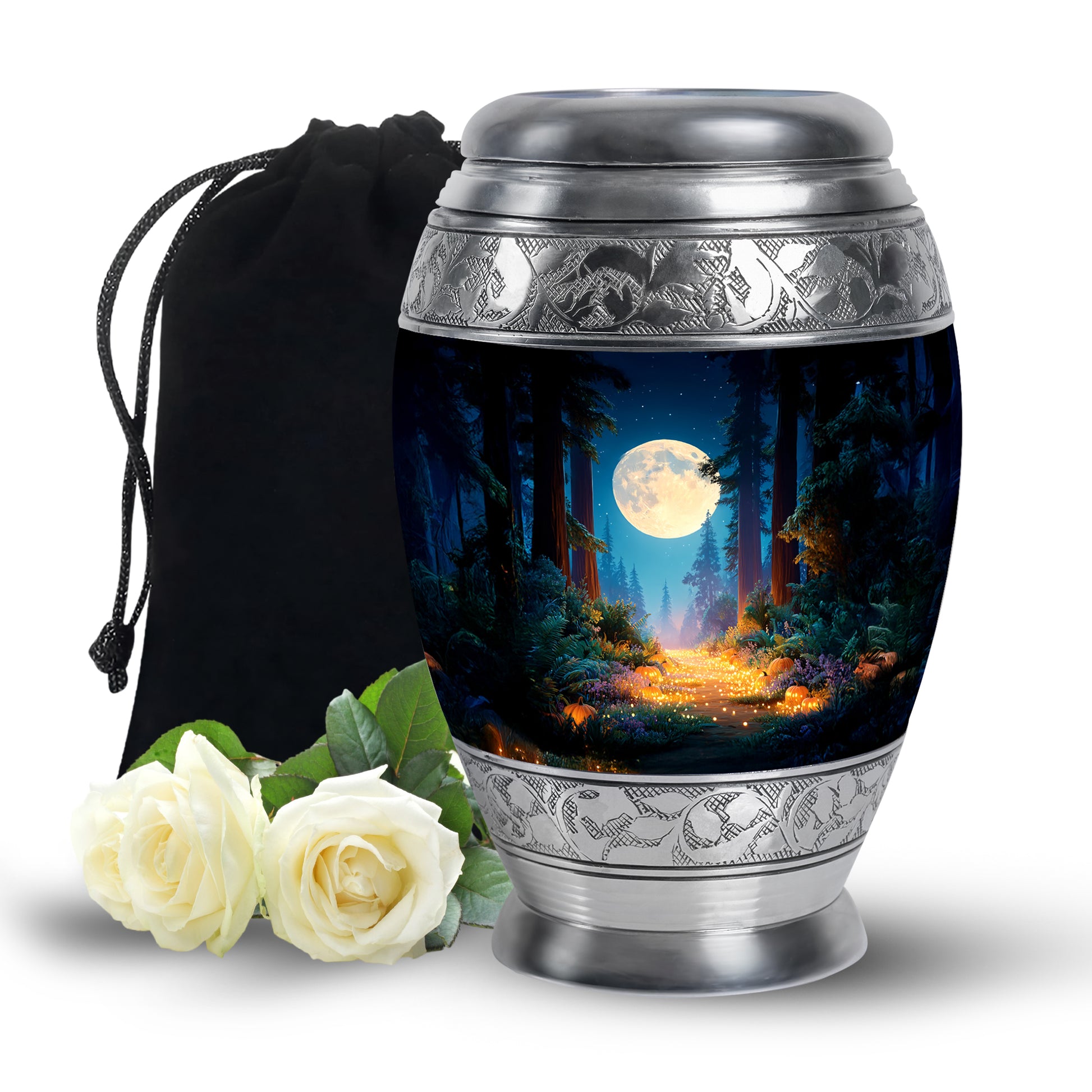 Pastel Blue Halloween Cremation Urn back view with polished surface - ornate monarch-style halloween relief on brushed aluminum - full-size 10 inch 200 cubic inch adult cremation urn