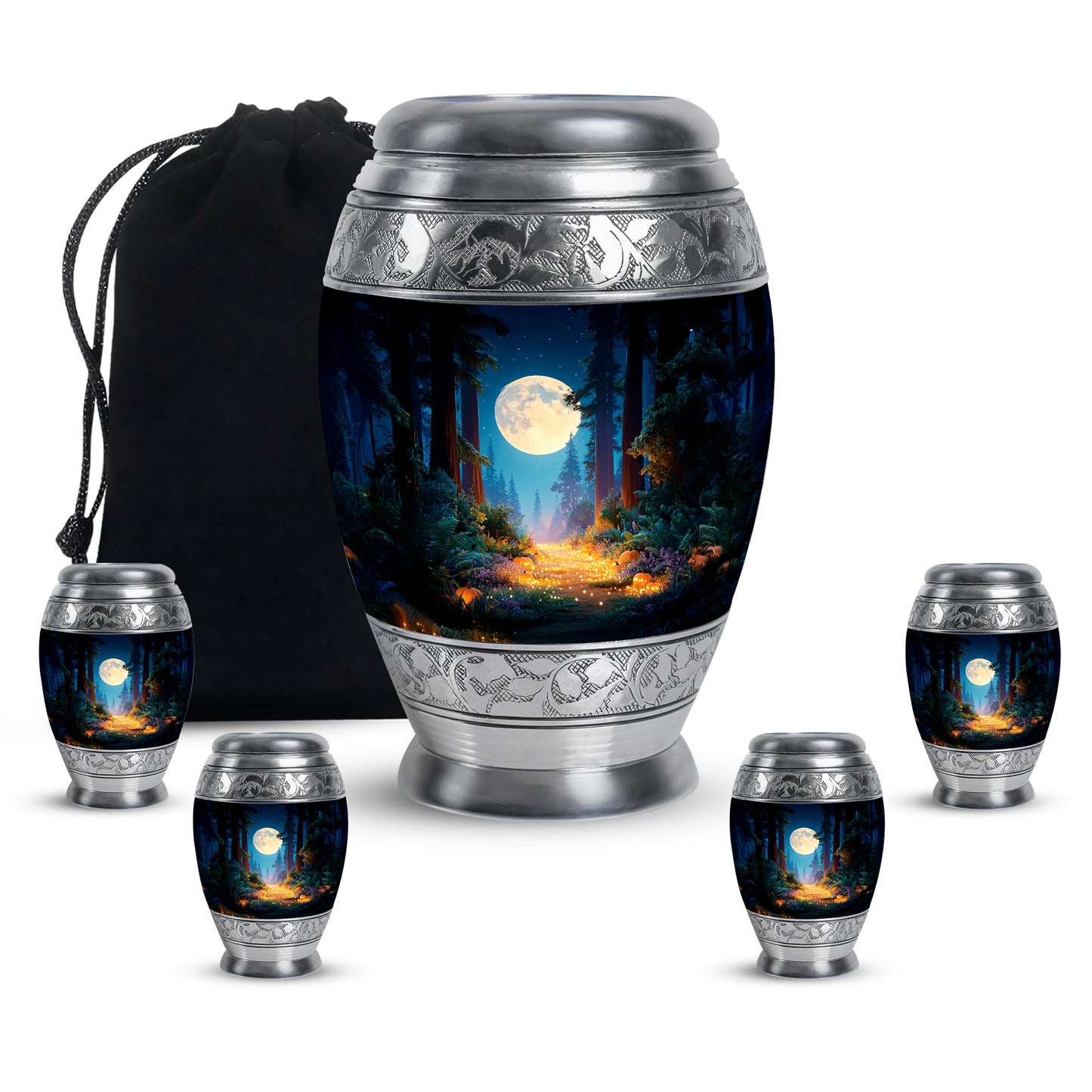 Steel Blue Halloween Cremation Urn detail view - royal halloween engraving with decorative scrollwork - memorial set with one large and four small urns