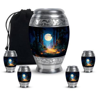 Steel Blue Halloween Cremation Urn detail view - royal halloween engraving with decorative scrollwork - memorial set with one large and four small urns