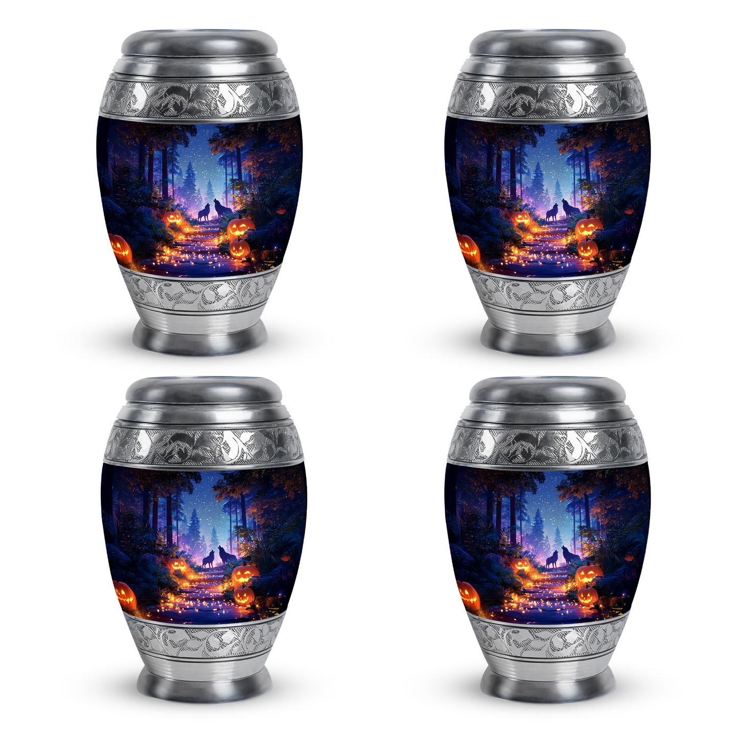 Calming Blue Halloween Cremation Urn urn with complimentary velvet bag - majestic halloween pattern with filigree border - 10 inch aluminum urn for cremated remains