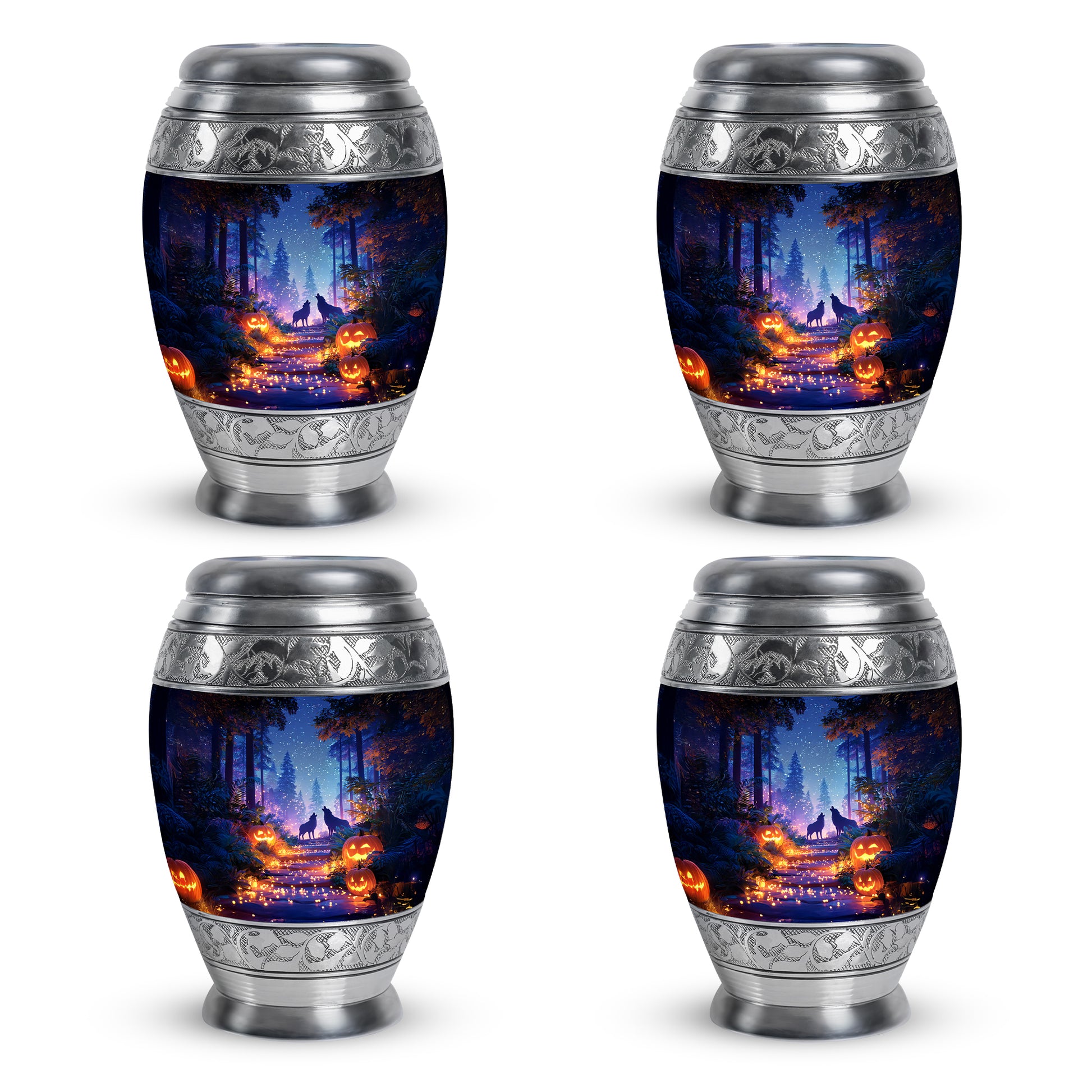 Calming Blue Halloween Cremation Urn urn with complimentary velvet bag - majestic halloween pattern with filigree border - 10 inch aluminum urn for cremated remains