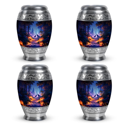 Calming Blue Halloween Cremation Urn urn with complimentary velvet bag - majestic halloween pattern with filigree border - 10 inch aluminum urn for cremated remains