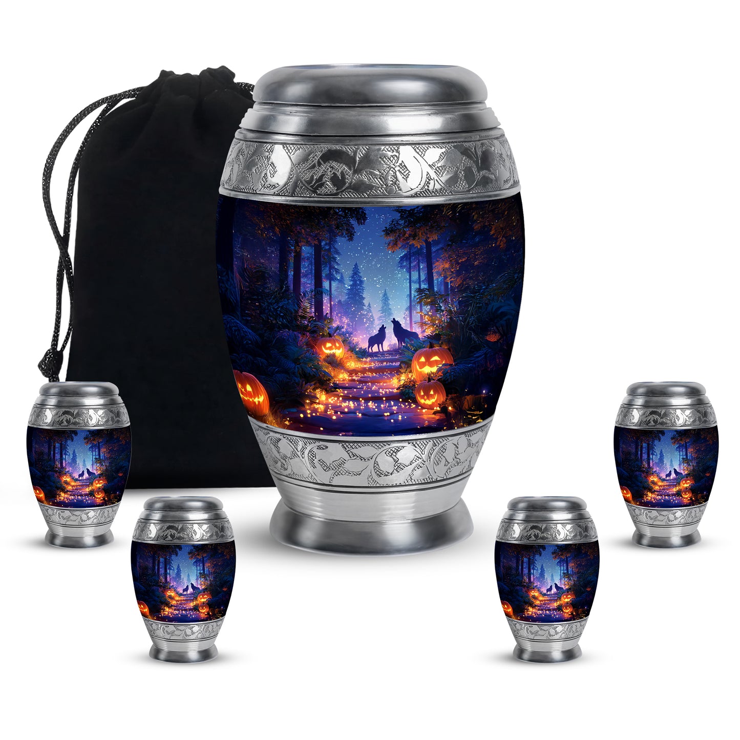 Powder Blue Halloween Cremation Urn detail view - regal halloween design with crown-inspired accents - memorial set with one large and four small urns