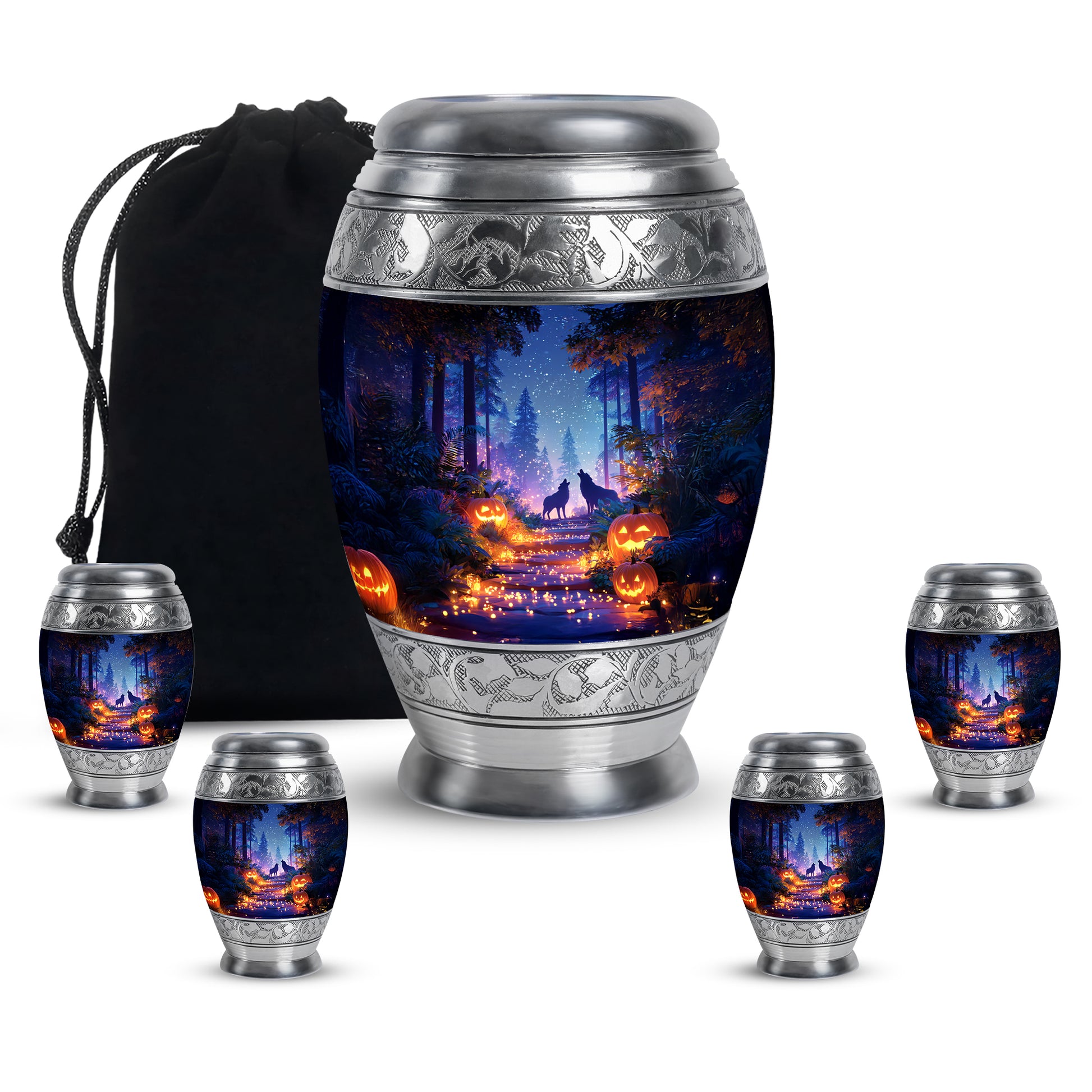 Powder Blue Halloween Cremation Urn detail view - regal halloween design with crown-inspired accents - memorial set with one large and four small urns