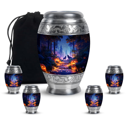 Powder Blue Halloween Cremation Urn detail view - regal halloween design with crown-inspired accents - memorial set with one large and four small urns