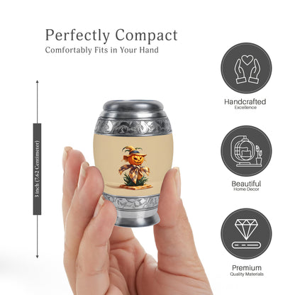 Champagne Gold Halloween Cremation Urn lifestyle display on memorial shelf - regal halloween design with crown-inspired accents - mini keepsake memorial for portion of cremation ashes