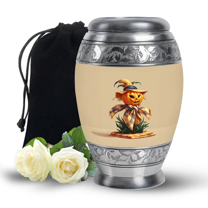 Royal Gold Halloween Cremation Urn back view with polished surface - royal halloween engraving with decorative scrollwork - full-size 10 inch 200 cubic inch adult cremation urn