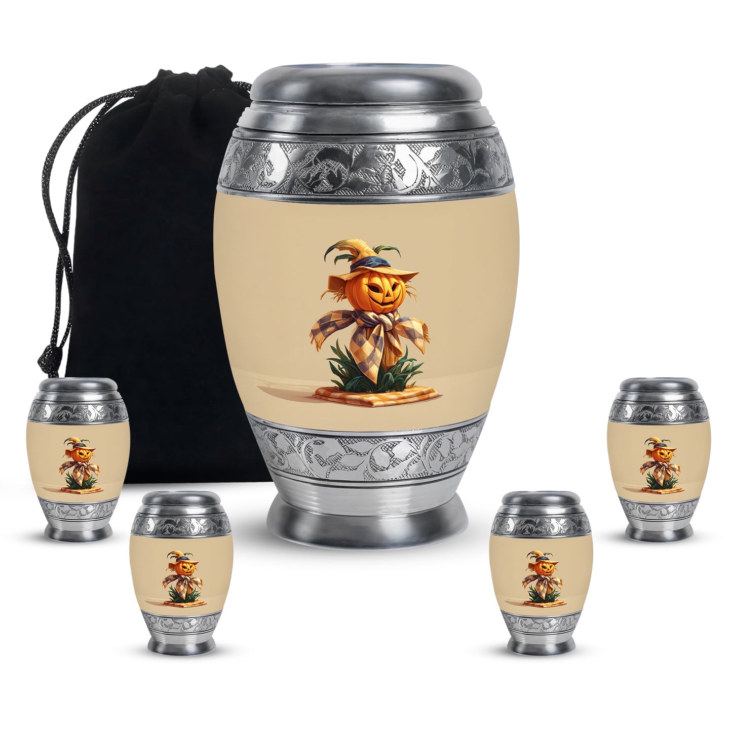 Champagne Gold Halloween Cremation Urn detail view - regal halloween design with crown-inspired accents - memorial set with one large and four small urns