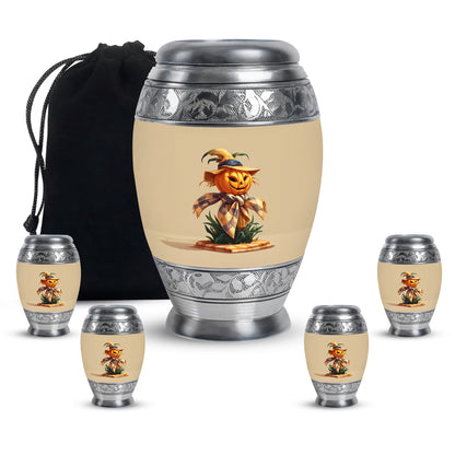 Champagne Gold Halloween Cremation Urn detail view - regal halloween design with crown-inspired accents - memorial set with one large and four small urns
