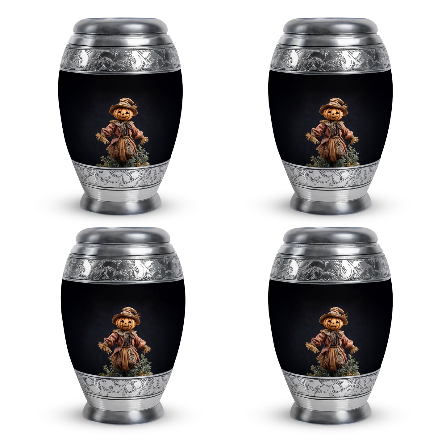 Charcoal Black Halloween Cremation Urn urn with complimentary velvet bag - majestic halloween pattern with filigree border - 10 inch aluminum urn for cremated remains