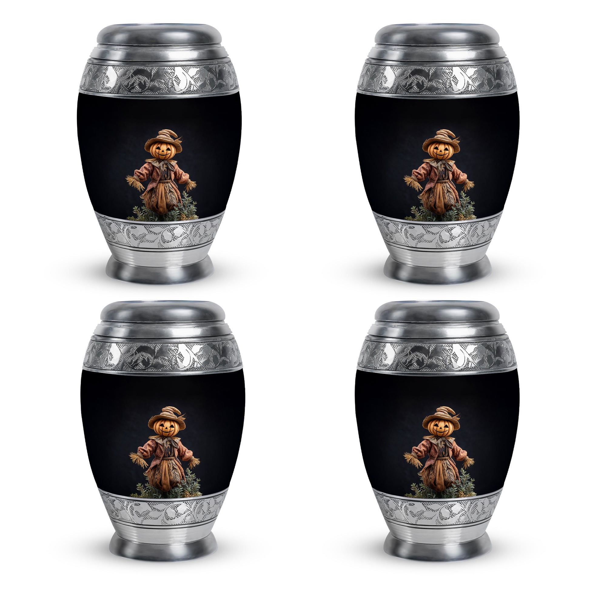 Charcoal Black Halloween Cremation Urn urn with complimentary velvet bag - majestic halloween pattern with filigree border - 10 inch aluminum urn for cremated remains