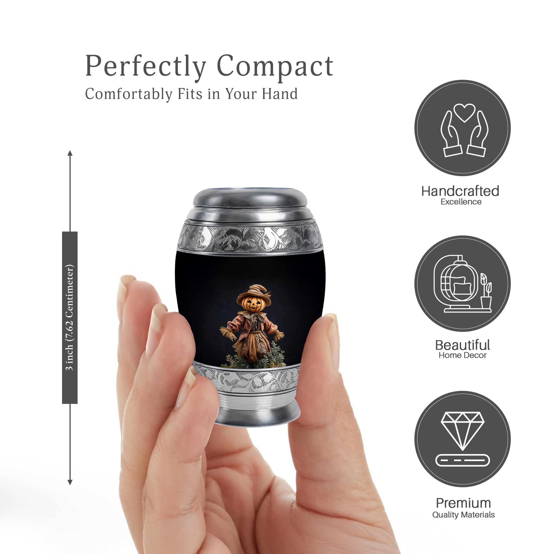 Obsidian Black Halloween Cremation Urn lifestyle display on memorial shelf - royal halloween engraving with decorative scrollwork - mini keepsake memorial for portion of cremation ashes