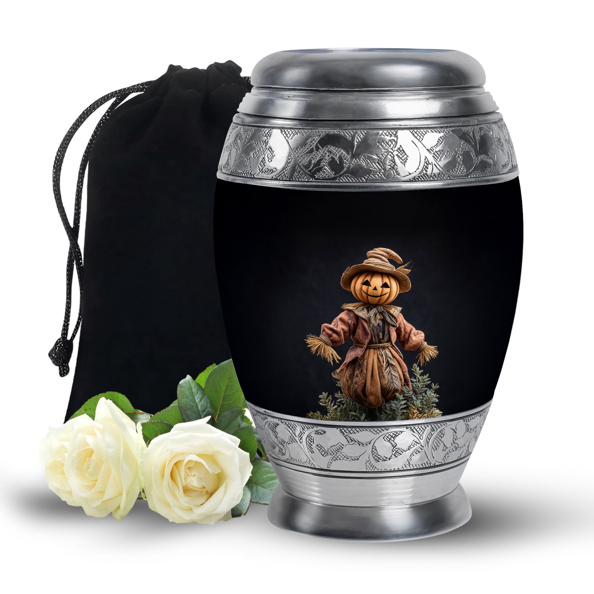 Obsidian Black Halloween Cremation Urn back view with polished surface - majestic halloween pattern with filigree border - full-size 10 inch 200 cubic inch adult cremation urn