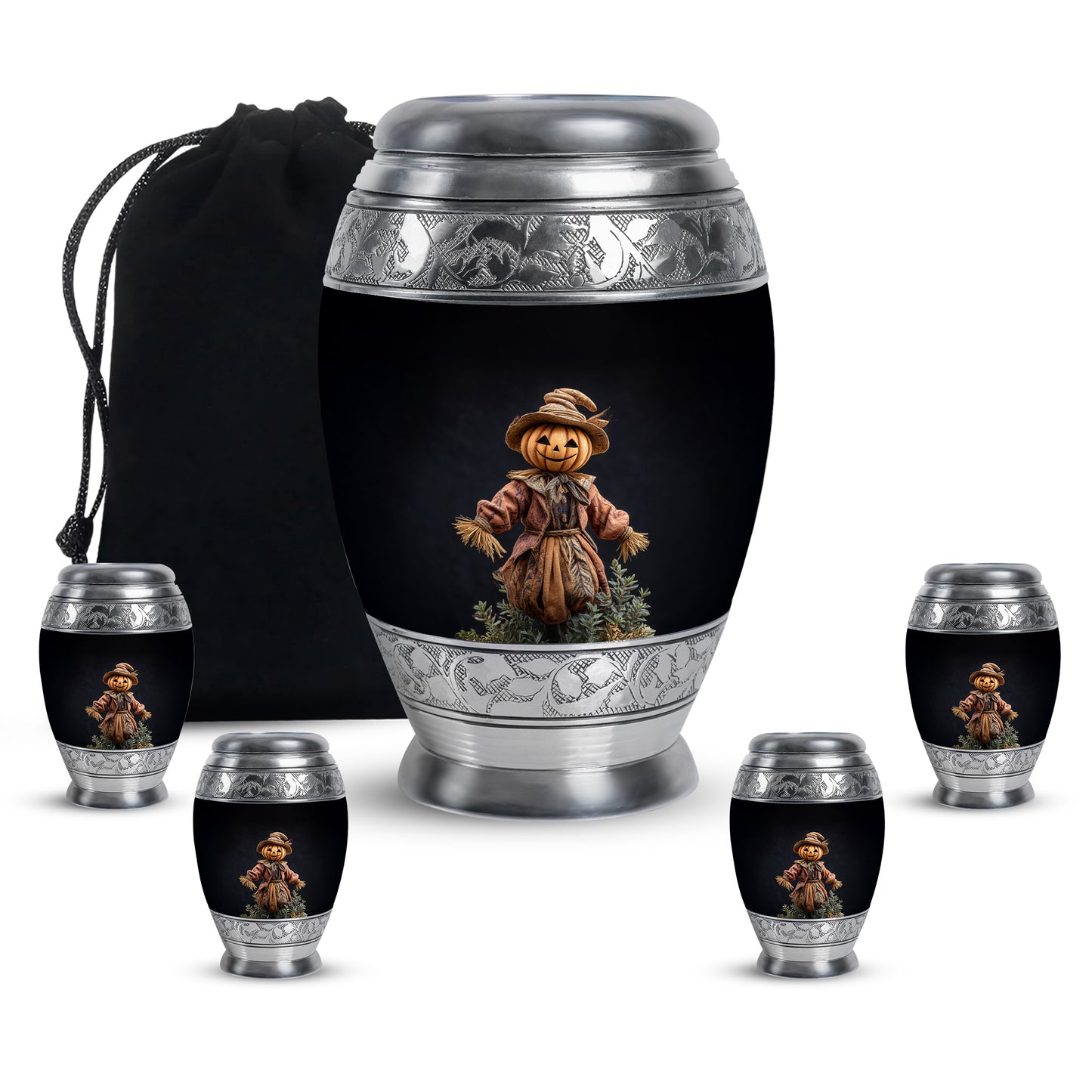 Dark Black Halloween Cremation Urn detail view - majestic halloween pattern with filigree border - memorial set with one large and four small urns