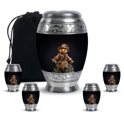 Dark Black Halloween Cremation Urn detail view - majestic halloween pattern with filigree border - memorial set with one large and four small urns