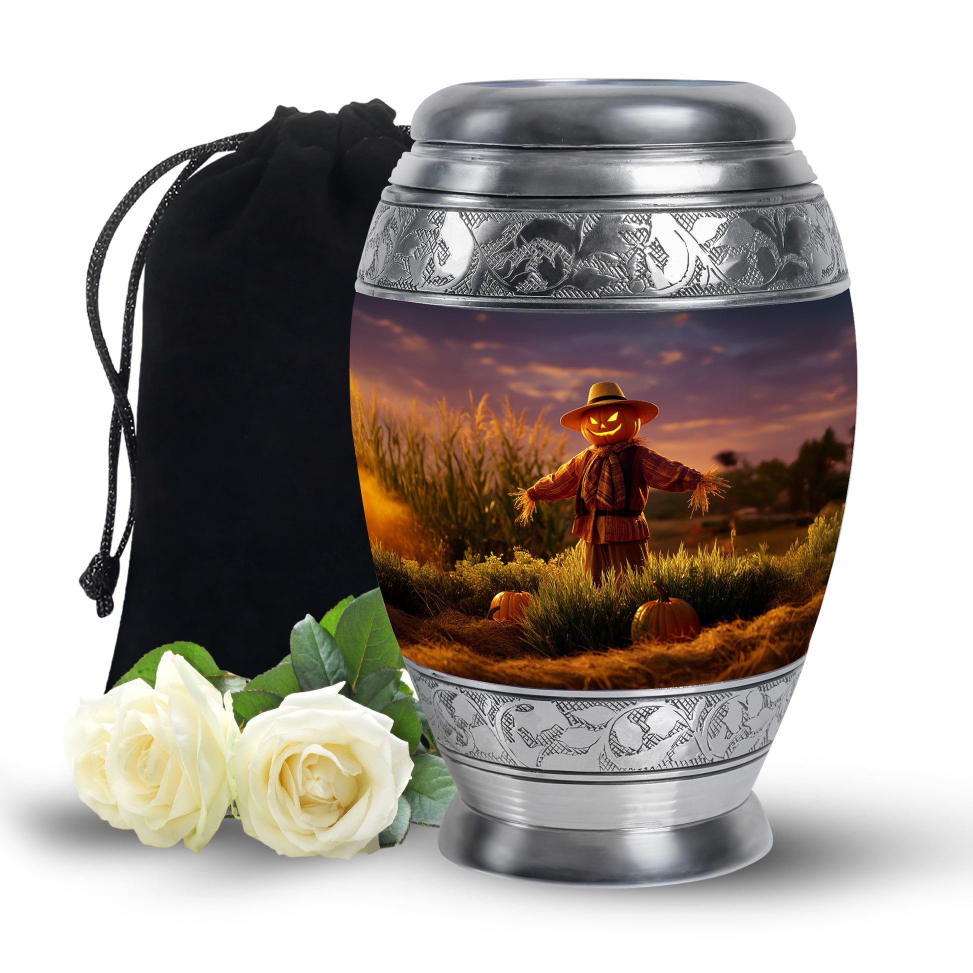 Lavender Purple Halloween Cremation Urn back view with polished surface - royal halloween engraving with decorative scrollwork - full-size 10 inch 200 cubic inch adult cremation urn