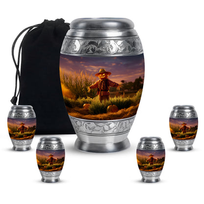 Royal Purple Halloween Cremation Urn detail view - royal halloween engraving with decorative scrollwork - memorial set with one large and four small urns