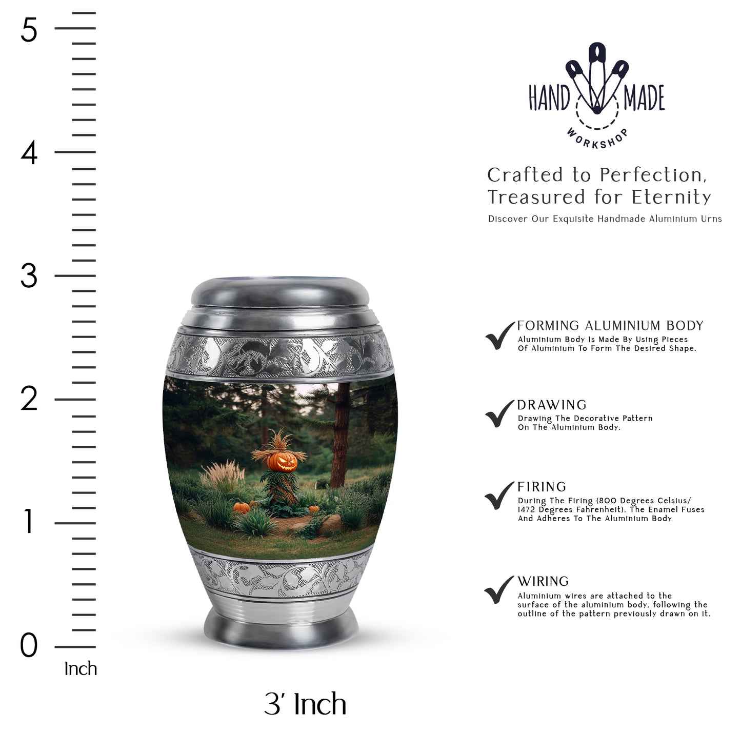 Midnight Black Halloween Cremation Urn lifestyle display on memorial shelf - royal halloween engraving with decorative scrollwork - mini keepsake memorial for portion of cremation ashes