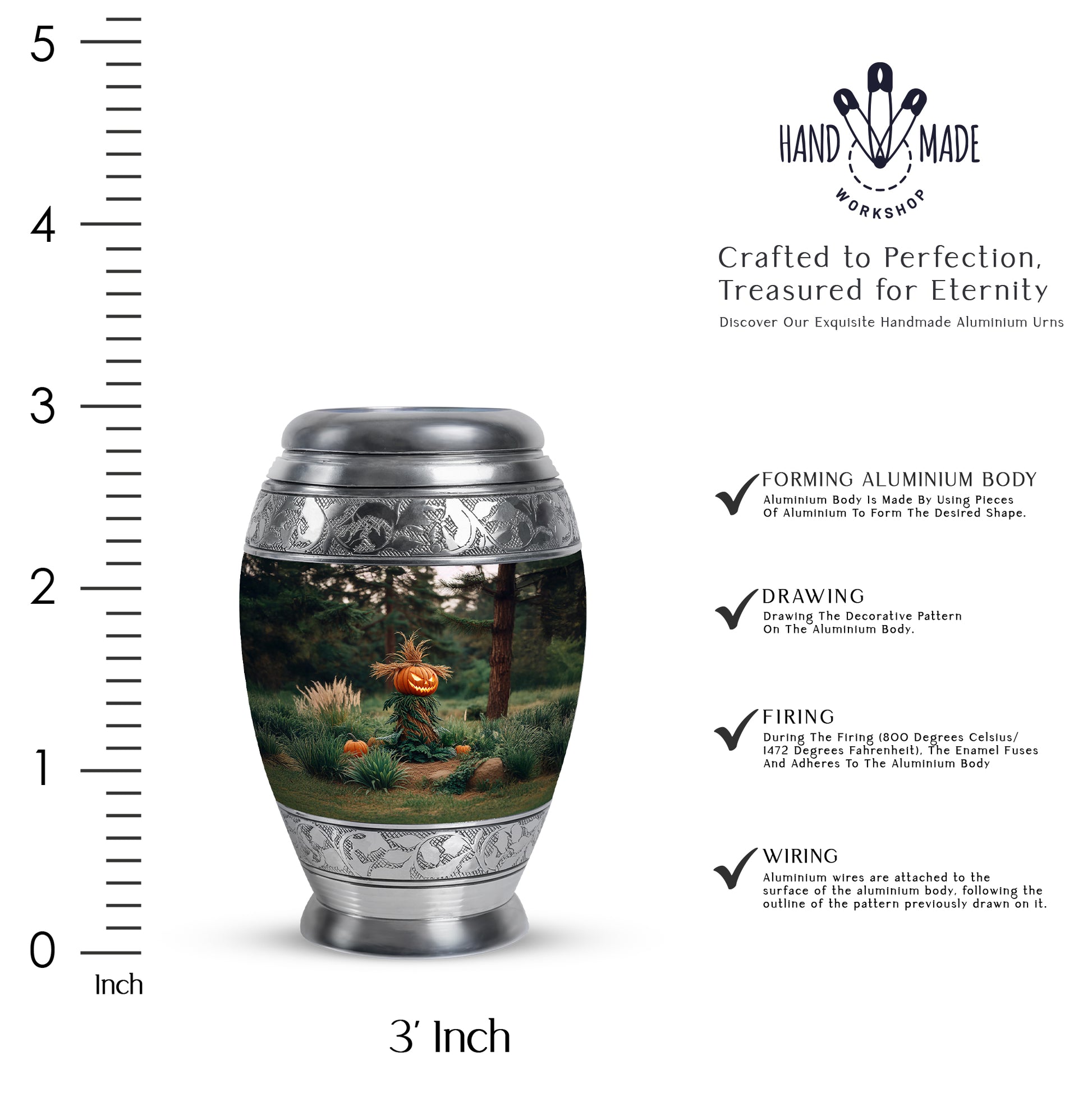 Midnight Black Halloween Cremation Urn lifestyle display on memorial shelf - royal halloween engraving with decorative scrollwork - mini keepsake memorial for portion of cremation ashes