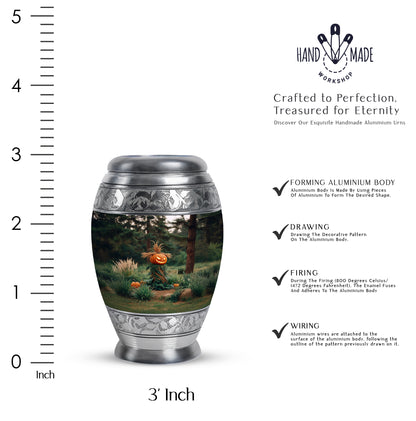 Midnight Black Halloween Cremation Urn lifestyle display on memorial shelf - royal halloween engraving with decorative scrollwork - mini keepsake memorial for portion of cremation ashes