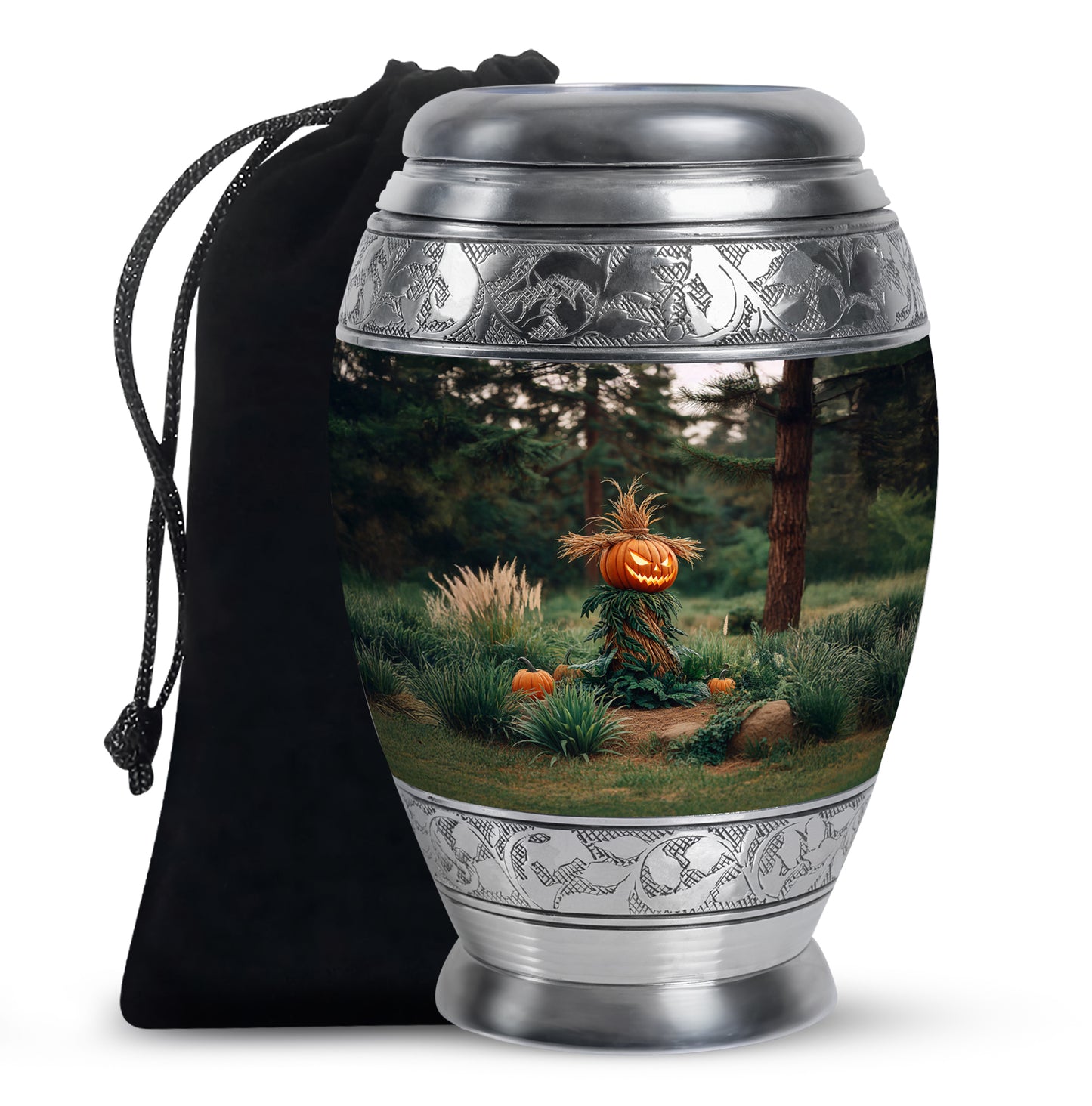 Dark Black Halloween Cremation Urn back view with polished surface - majestic halloween pattern with filigree border - full-size 10 inch 200 cubic inch adult cremation urn